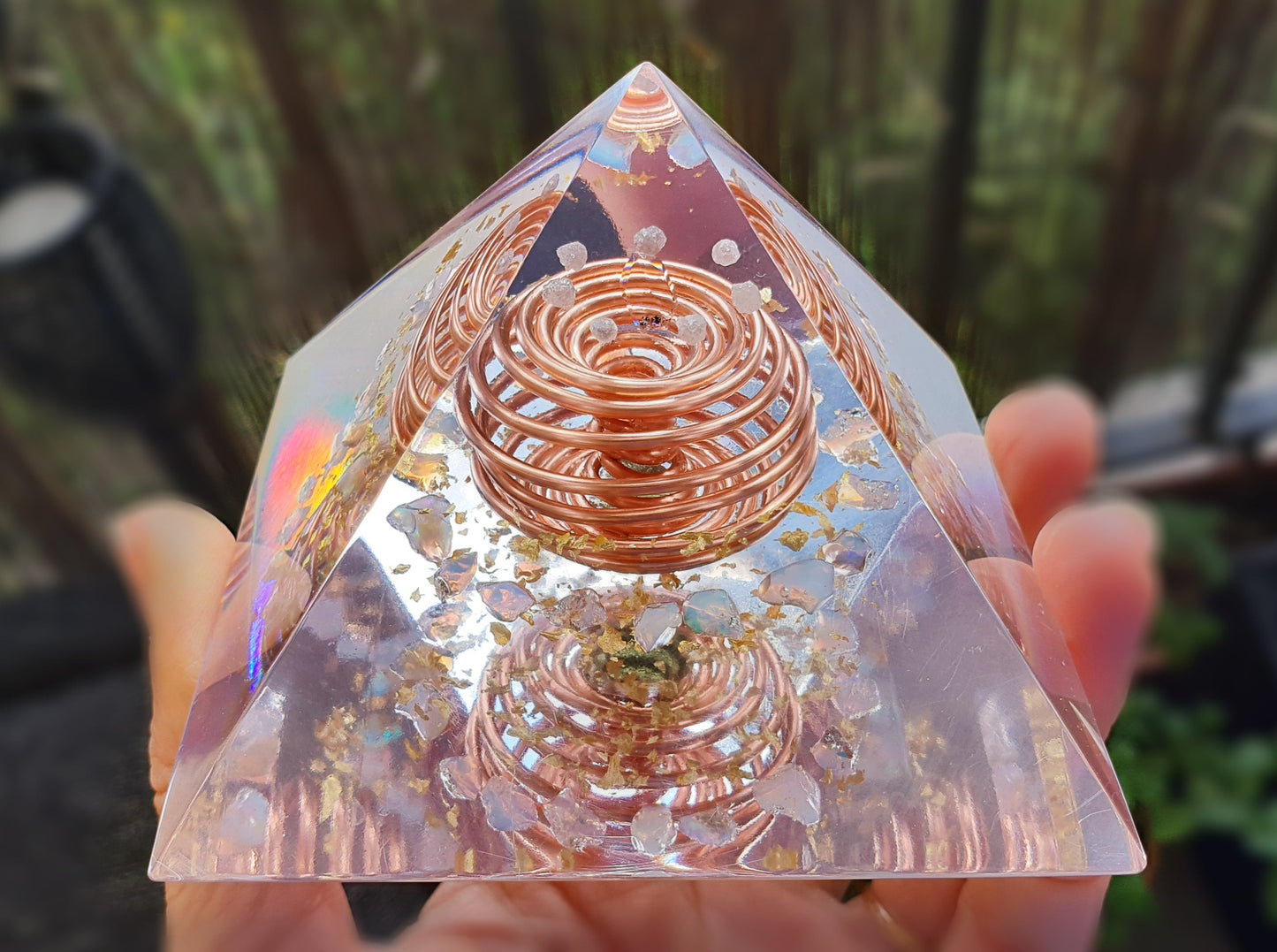 Moldavite and Opal Orgonite Orgone pyramid