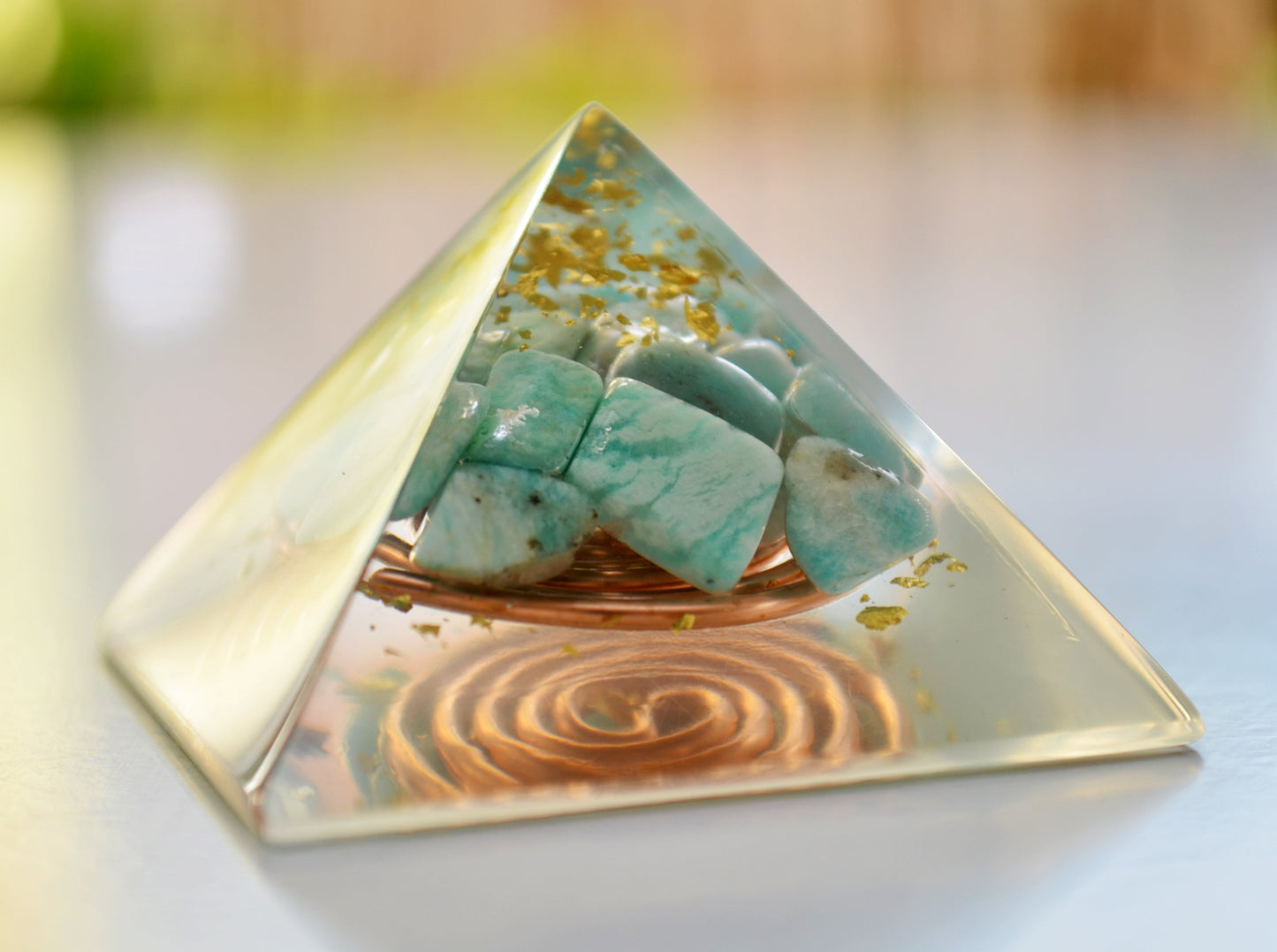 Orgonite Pyramid with amazonite and 24k gold - programmed, activated amulet charm