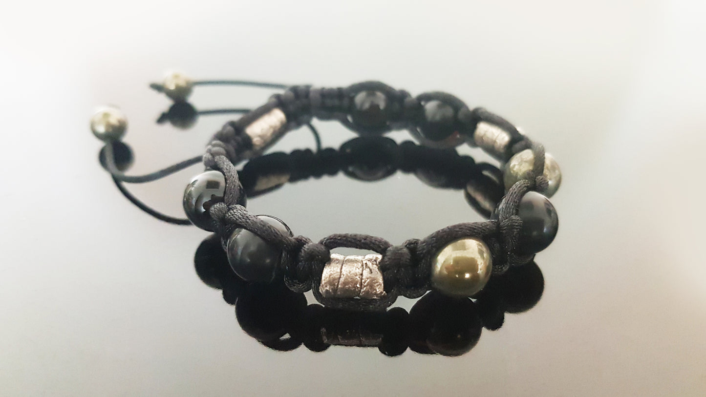 Shamballa bracelet, black agate onyx, pyrite, 99.9 pure silver beads, programmed amulet, charm