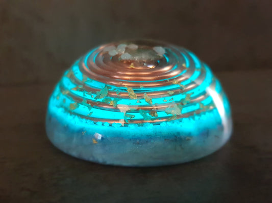 Orgonite dome, hemisphere with powerful crystals, moldavite, glow in the dark and vortex coil
