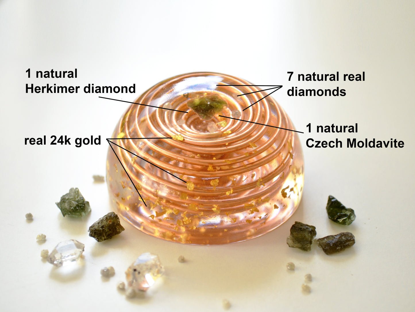 Powerful Orgonite, orgone dome, Most powerful crystals combination with vortex coil, Moldavite Herkimer