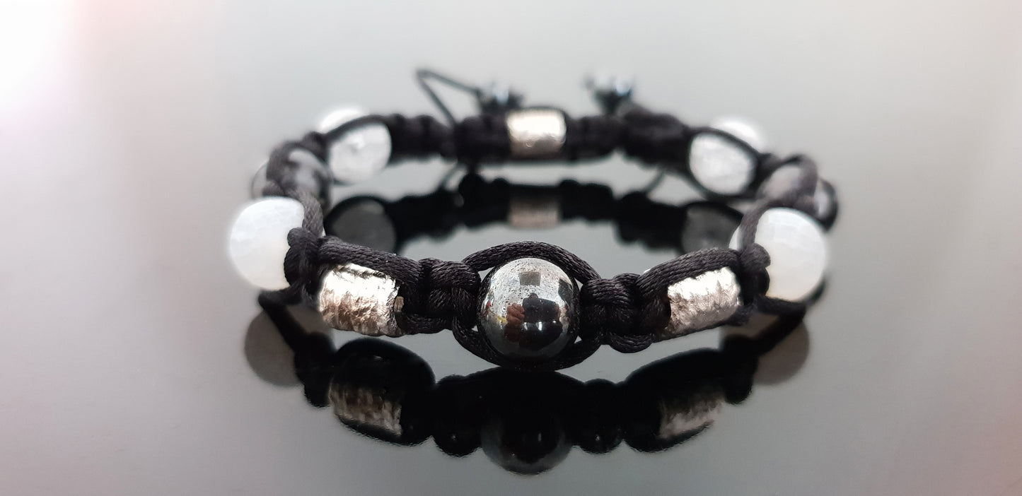 Shamballa bracelet, natural crystal beads, 99.9 pure silver beads, hematite, programmed amulet charm