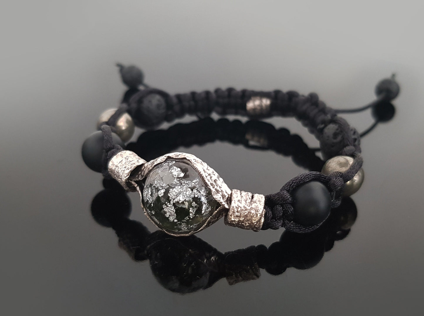 Shamballa orgonite bracelet, Moldavite, diamonds, herkimer, Onyx, pyrite,silver