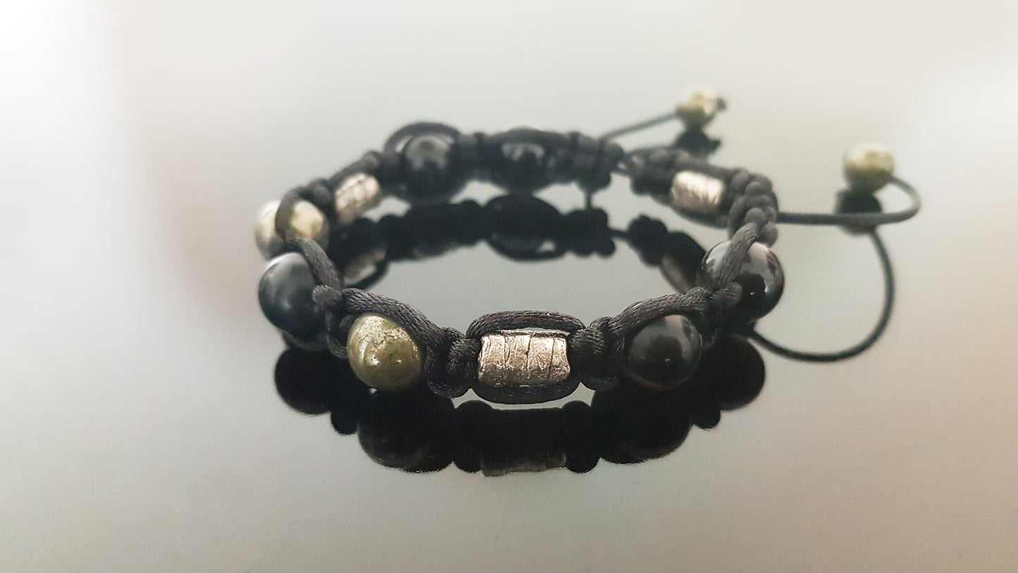 Shamballa bracelet, black agate onyx, pyrite, 99.9 pure silver beads, programmed amulet, charm
