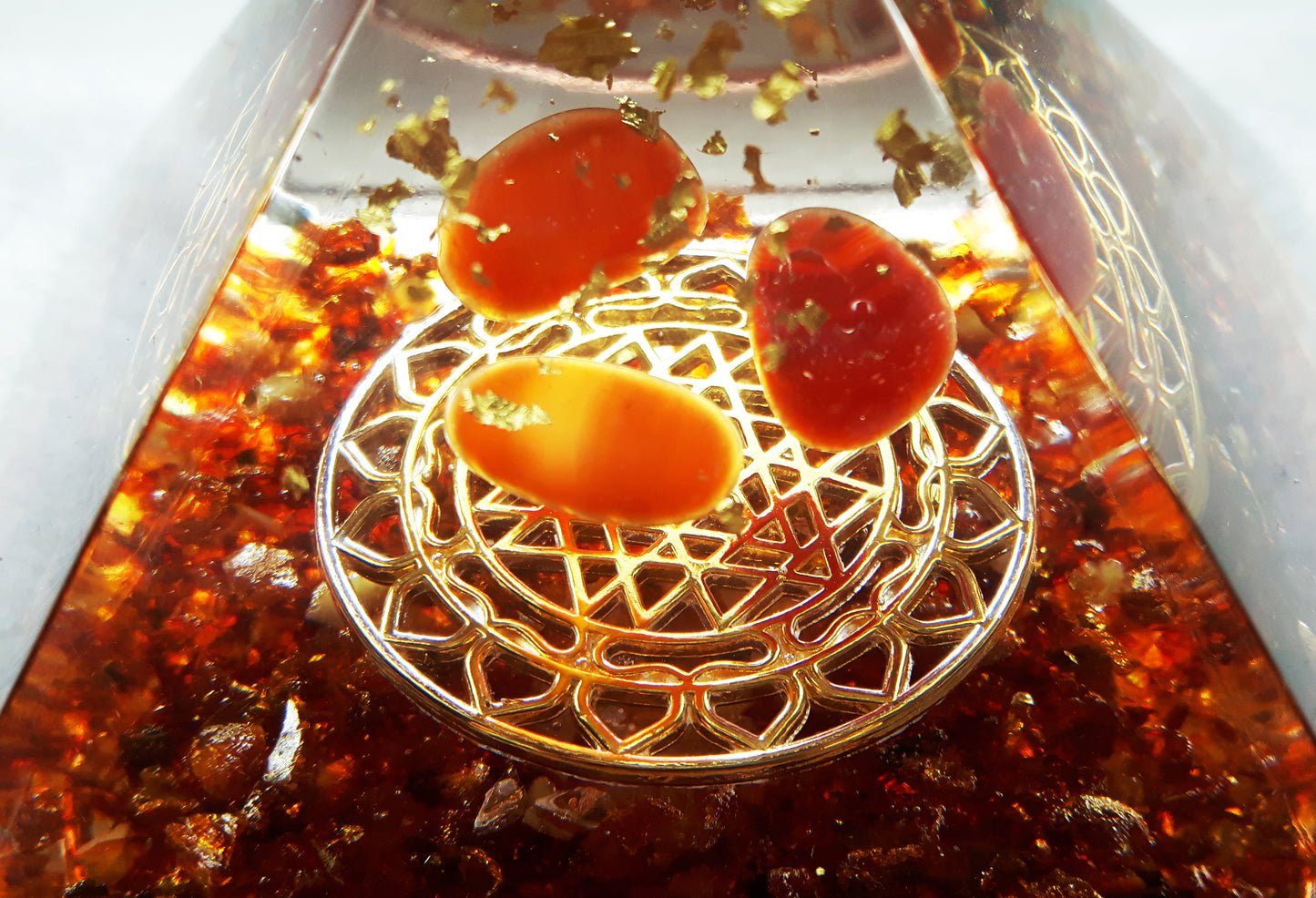 Orgonite pyramid / Baltic Amber Pyramid, carnelian, quartz, Sri Yantra