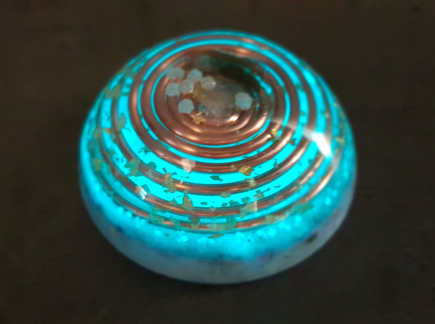 Orgonite dome, hemisphere with powerful crystals, moldavite, glow in the dark and vortex coil