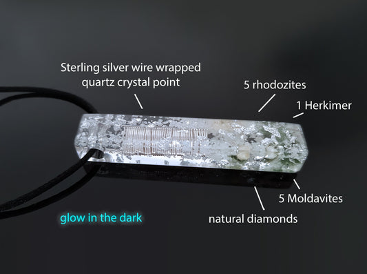Orgonite pendant with most powerful crystal combination, Moldavite, Herkimer, Diamonds, Rhodosite, quartz point, silver