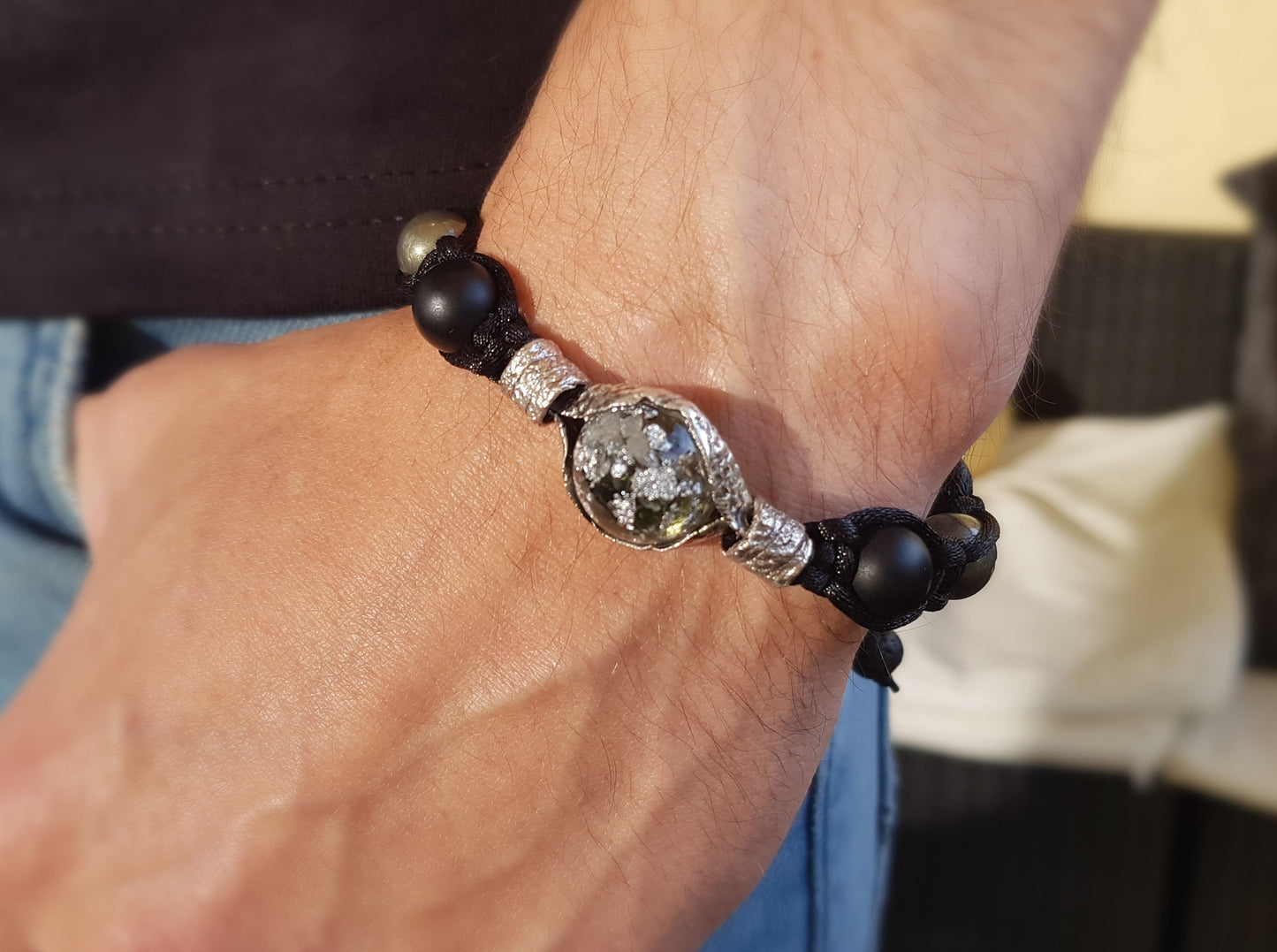 Shamballa orgonite bracelet, Moldavite, diamonds, herkimer, Onyx, pyrite,silver