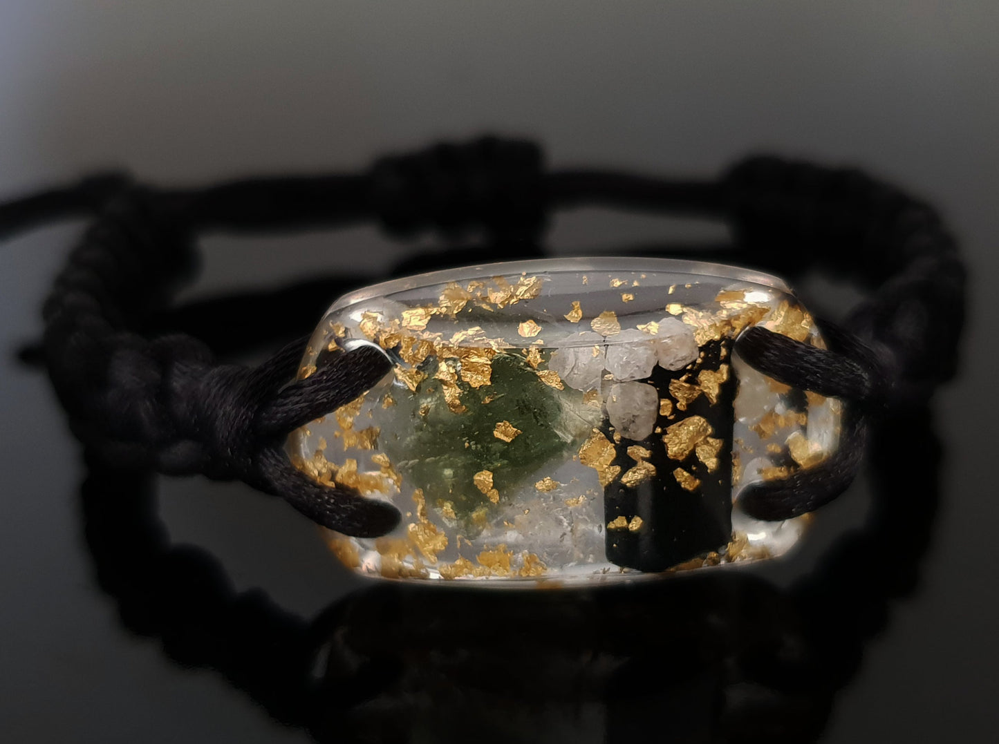 Orgonite bracelet - 24K gold, Moldavite, Herkimer, diamonds, black Tourmaline