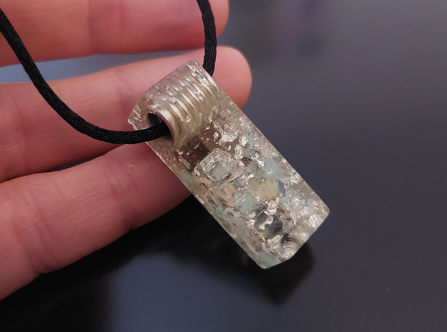 Orgonite orgone pendant, necklace - diamonds, Moldavite, Herkimer, Rhodozite, Danburite, sterling silver, glow in the dark