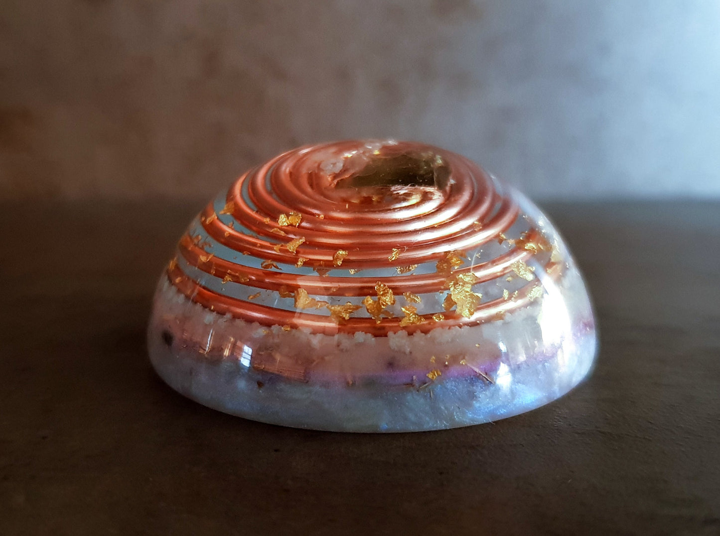 Orgonite dome, hemisphere with powerful crystals, moldavite, glow in the dark and vortex coil