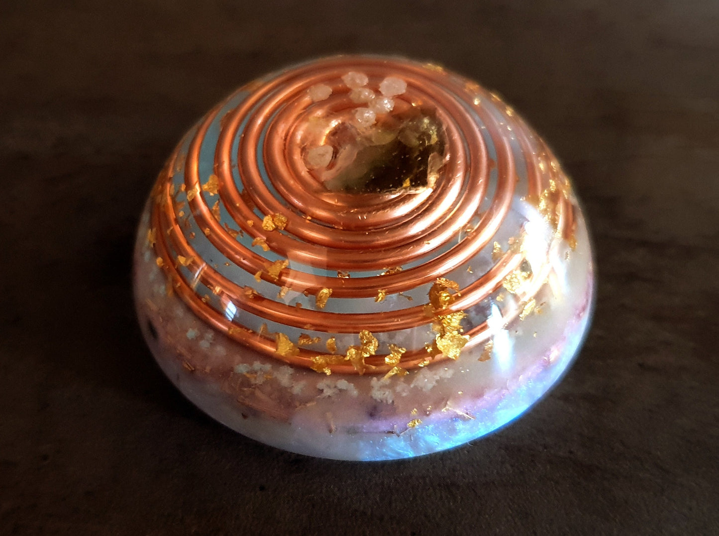 Orgonite dome, hemisphere with powerful crystals, moldavite, glow in the dark and vortex coil