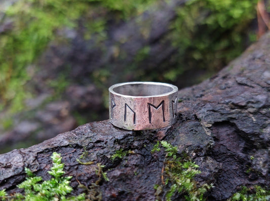 Real Money, luck, prosperity amulet, rustic sterling silver ring with celtic, viking runes formula. Powerful enchanted talisman
