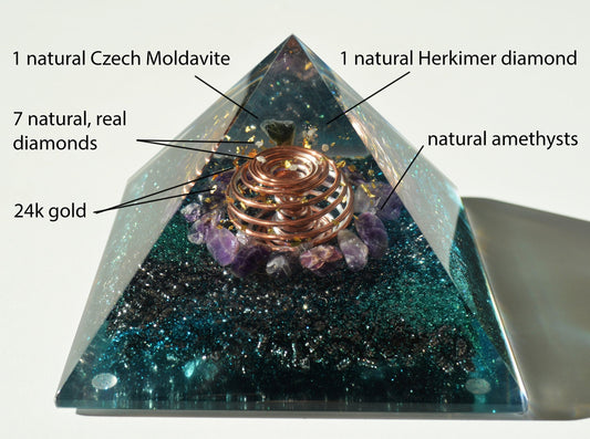 Orgonite orgone pyramid, Most powerful third eye stimulation! Diamonds, Herkimer, Moldavite, vortex