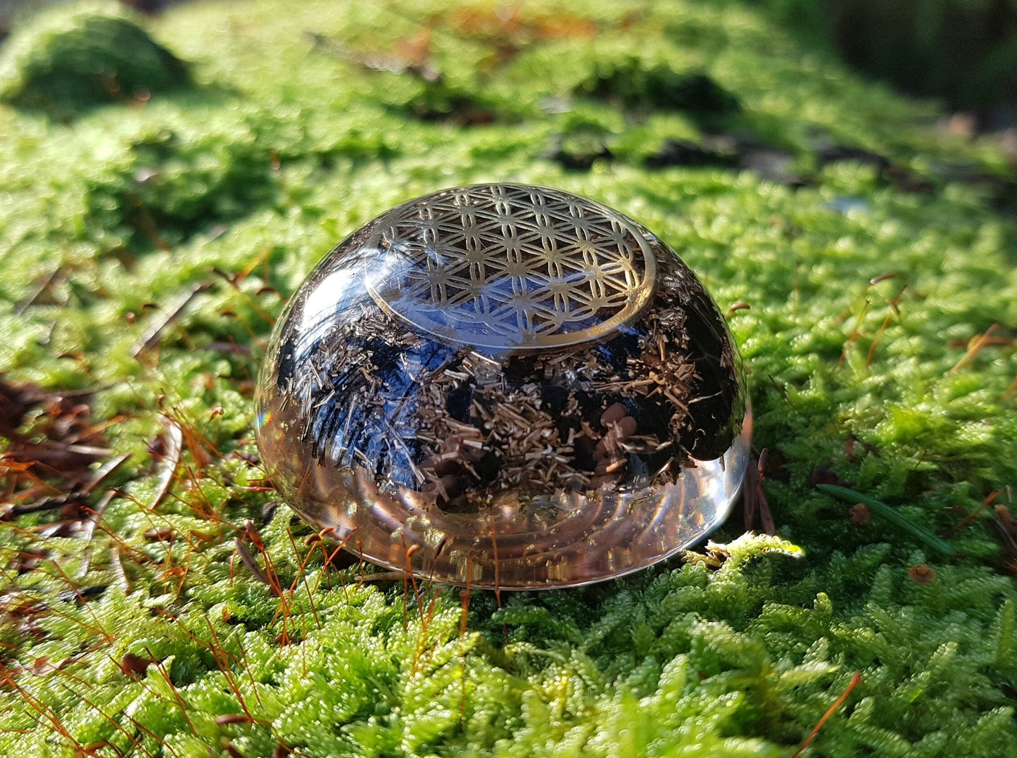 Pocket Orgonite orgone dome hemisphere, Black tourmaline, flower of life, EMF protection