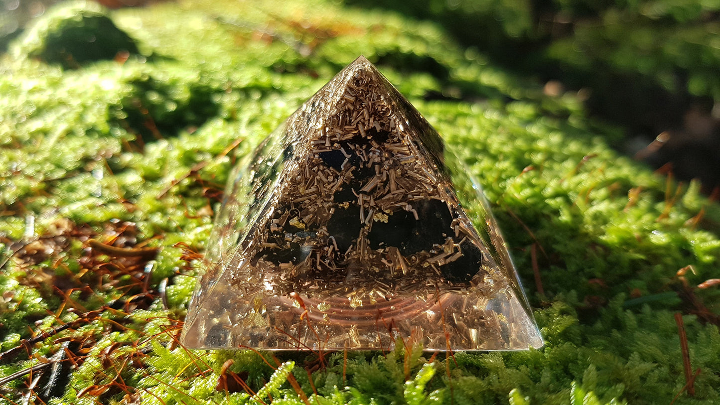 Orgonite orgone pyramid, strong EMF protection, third eye activation, brass, copper, Black tourmaline