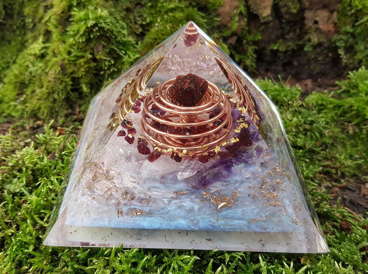Orgonite Pyramid, Orgone pyramid, garnet, Amethyst, brass, gold vortex coil