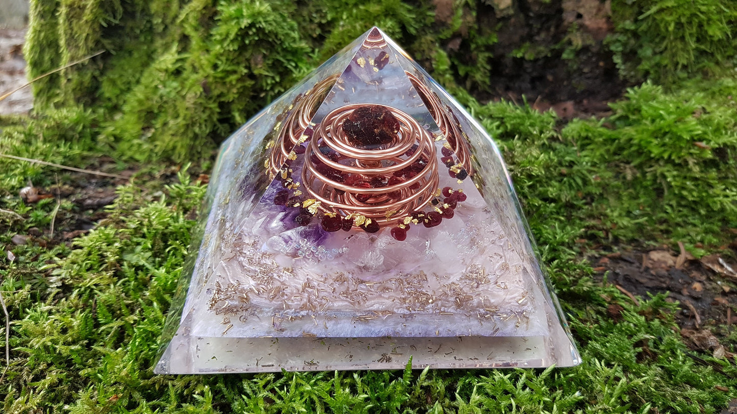 Orgonite Pyramid, Orgone pyramid, garnet, Amethyst, brass, gold vortex coil