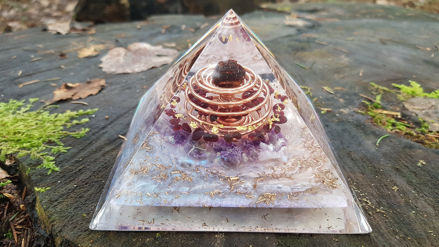 Orgonite Pyramid, Orgone pyramid, garnet, Amethyst, brass, gold vortex coil