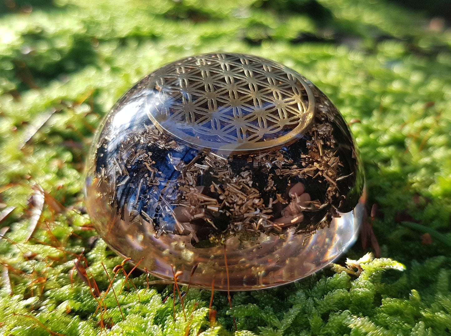 Pocket Orgonite orgone dome hemisphere, Black tourmaline, flower of life, EMF protection