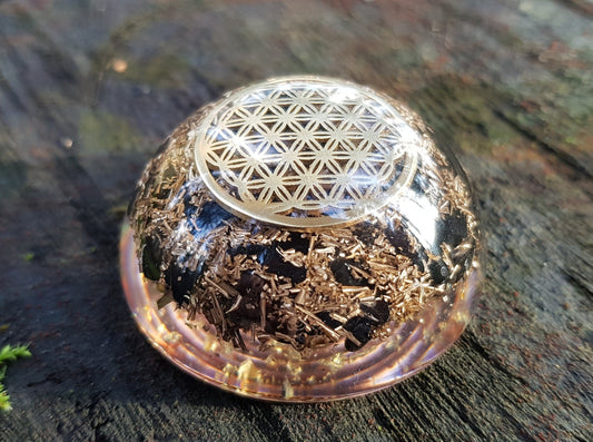 Pocket Orgonite orgone dome hemisphere, Black tourmaline, flower of life, EMF protection
