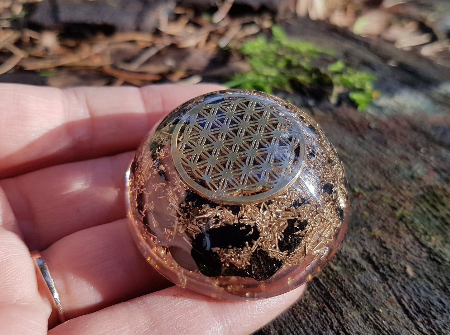 Pocket Orgonite orgone dome hemisphere, Black tourmaline, flower of life, EMF protection