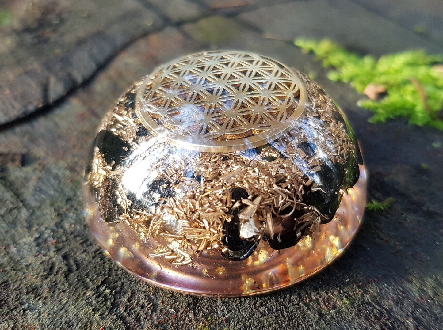 Pocket Orgonite orgone dome hemisphere, Black tourmaline, flower of life, EMF protection