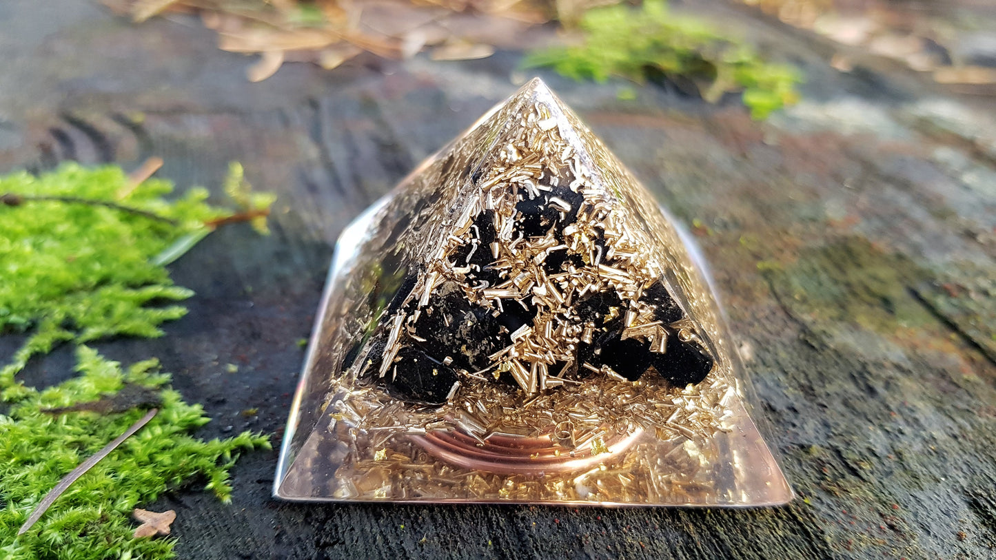 Orgonite orgone pyramid, strong EMF protection, third eye activation, brass, copper, Black tourmaline