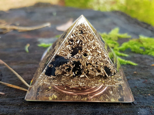 Orgonite orgone pyramid, strong EMF protection, third eye activation, brass, copper, Black tourmaline