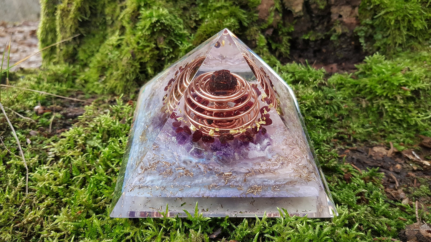Orgonite Pyramid, Orgone pyramid, garnet, Amethyst, brass, gold vortex coil