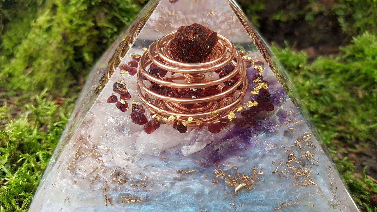 Orgonite Pyramid, Orgone pyramid, garnet, Amethyst, brass, gold vortex coil