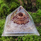 Orgonite Pyramid, Orgone pyramid, garnet, Amethyst, brass, gold vortex coil