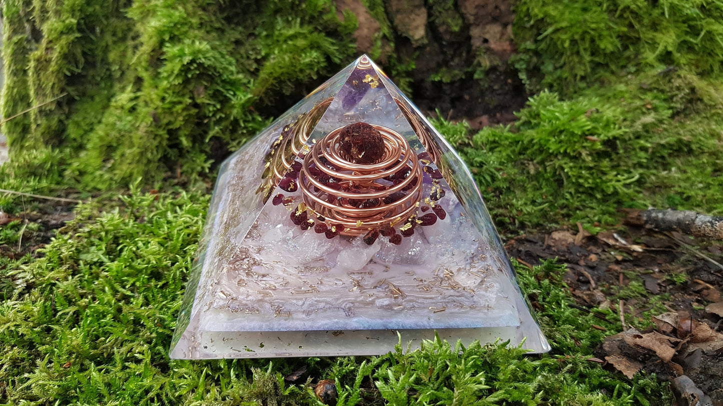 Orgonite Pyramid, Orgone pyramid, garnet, Amethyst, brass, gold vortex coil
