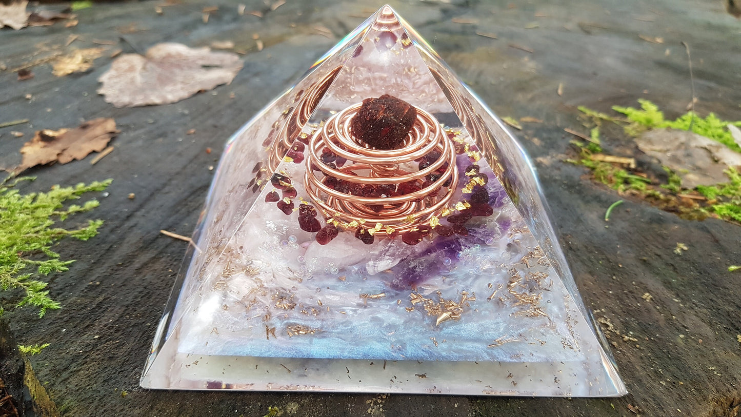 Orgonite Pyramid, Orgone pyramid, garnet, Amethyst, brass, gold vortex coil