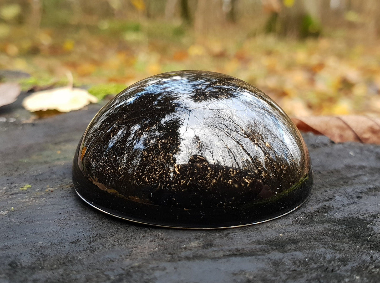 Black Sun pocket Orgonite orgone dome / hemisphere. Black tourmaline, Elite Shungite, brass. EMF protection