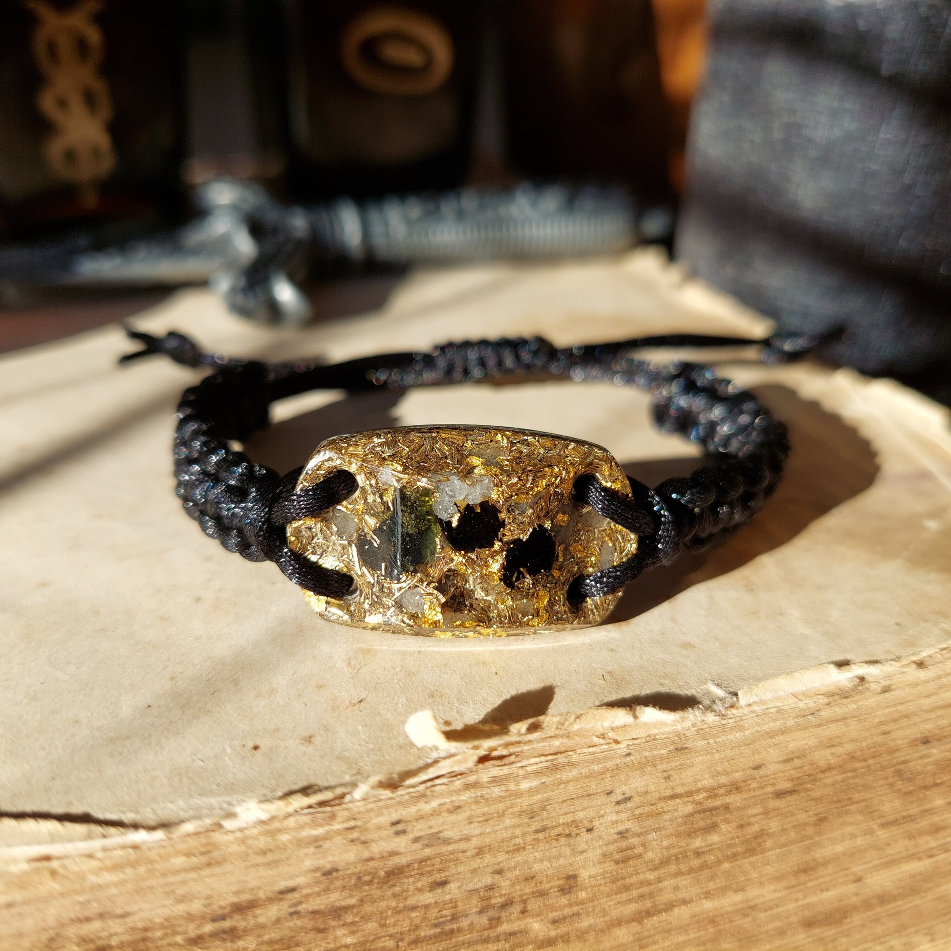 Orgonite bracelet with most powerful combination! Diamonds, Herkimer, Moldavite, Nuummite, Saffordite, Black Tourmaline. Glow in the dark!