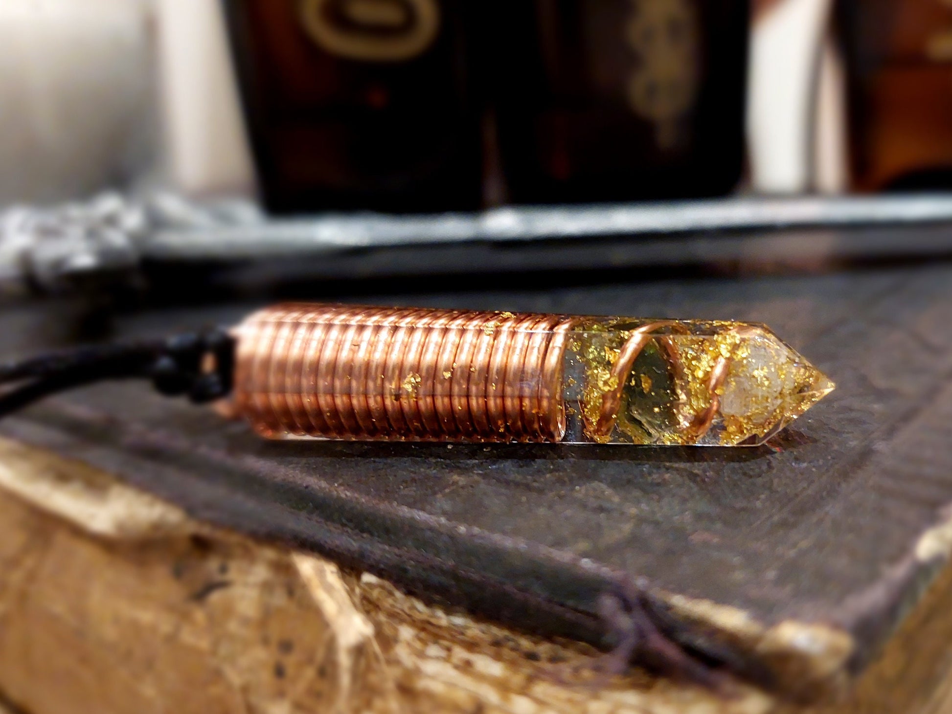Moldavite Orgonite pendant with Diamonds, Herkimer, 24k gold and copper