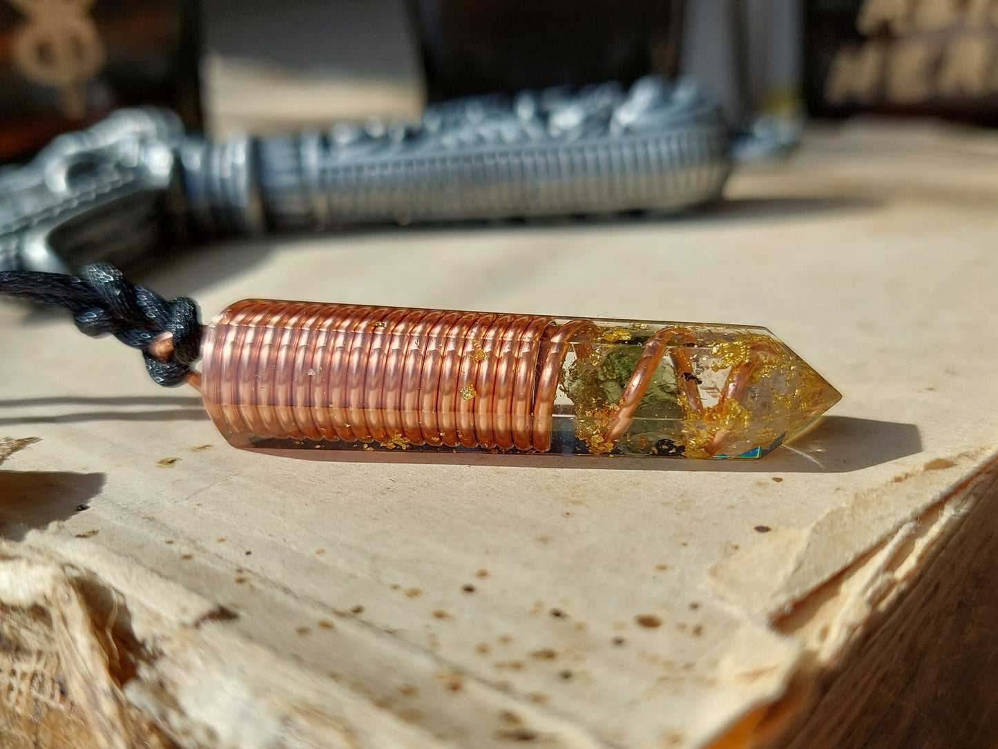 Moldavite Orgonite pendant with Diamonds, Herkimer, 24k gold and copper