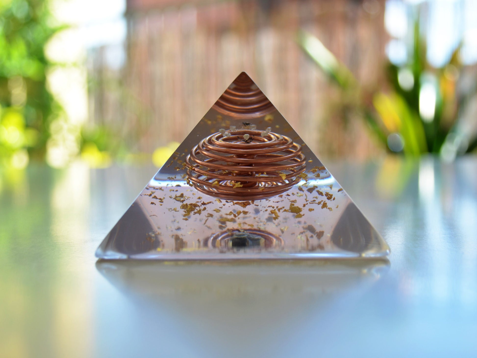 Moldavite Orgonite Orgone pyramid - Crystal pyramid - Gold Vortex Coil, Herkimer, Diamonds, Reiki Healing Pyramid