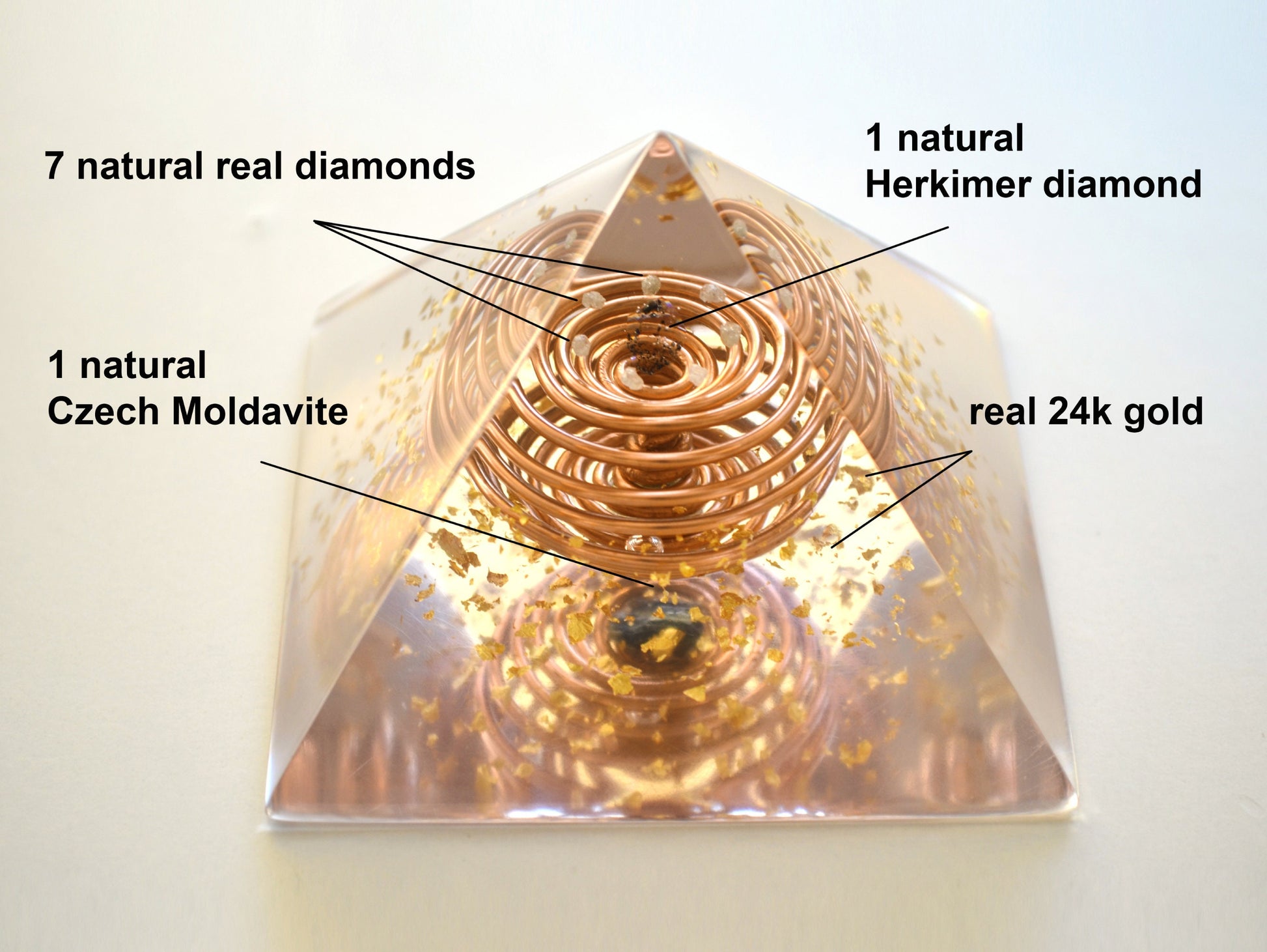 Moldavite Orgonite Orgone pyramid - Crystal pyramid - Gold Vortex Coil, Herkimer, Diamonds, Reiki Healing Pyramid