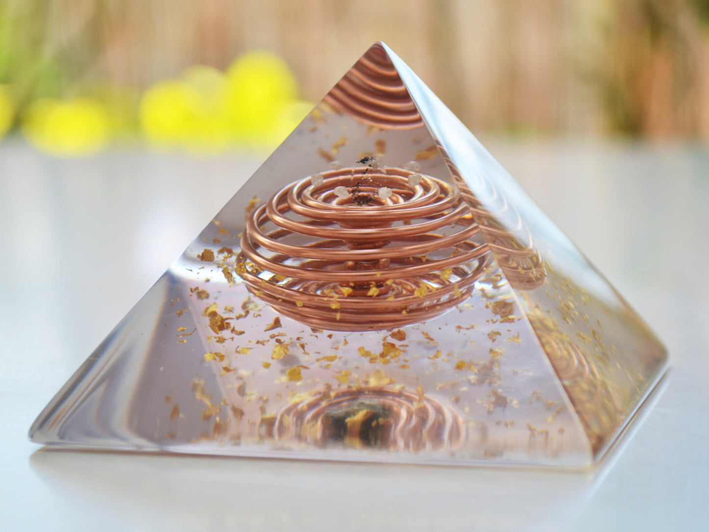 Moldavite Orgonite Orgone pyramid - Crystal pyramid - Gold Vortex Coil, Herkimer, Diamonds, Reiki Healing Pyramid