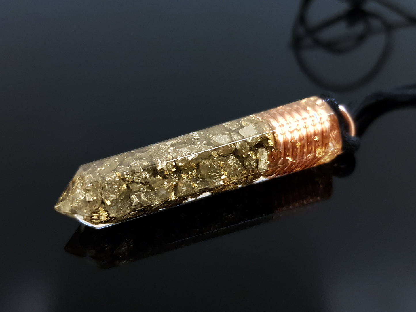 Orgonite orgone pendant with pyrite, Powerful Reiki infused healing amulet with 24k gold and copper, chakra healing