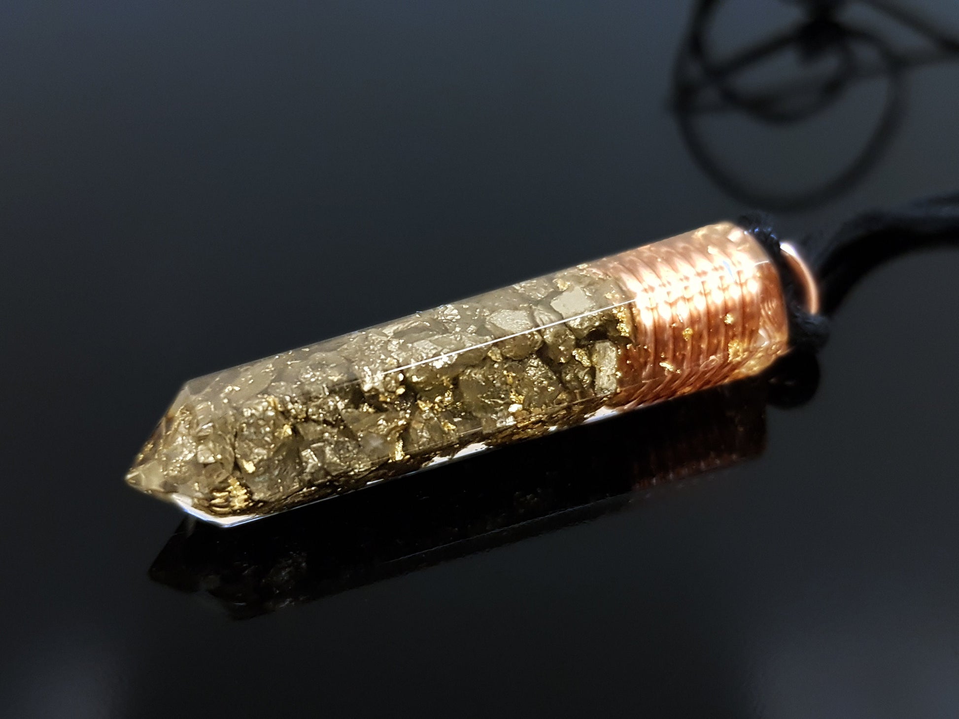 Orgonite orgone pendant with pyrite, Powerful Reiki infused healing amulet with 24k gold and copper, chakra healing