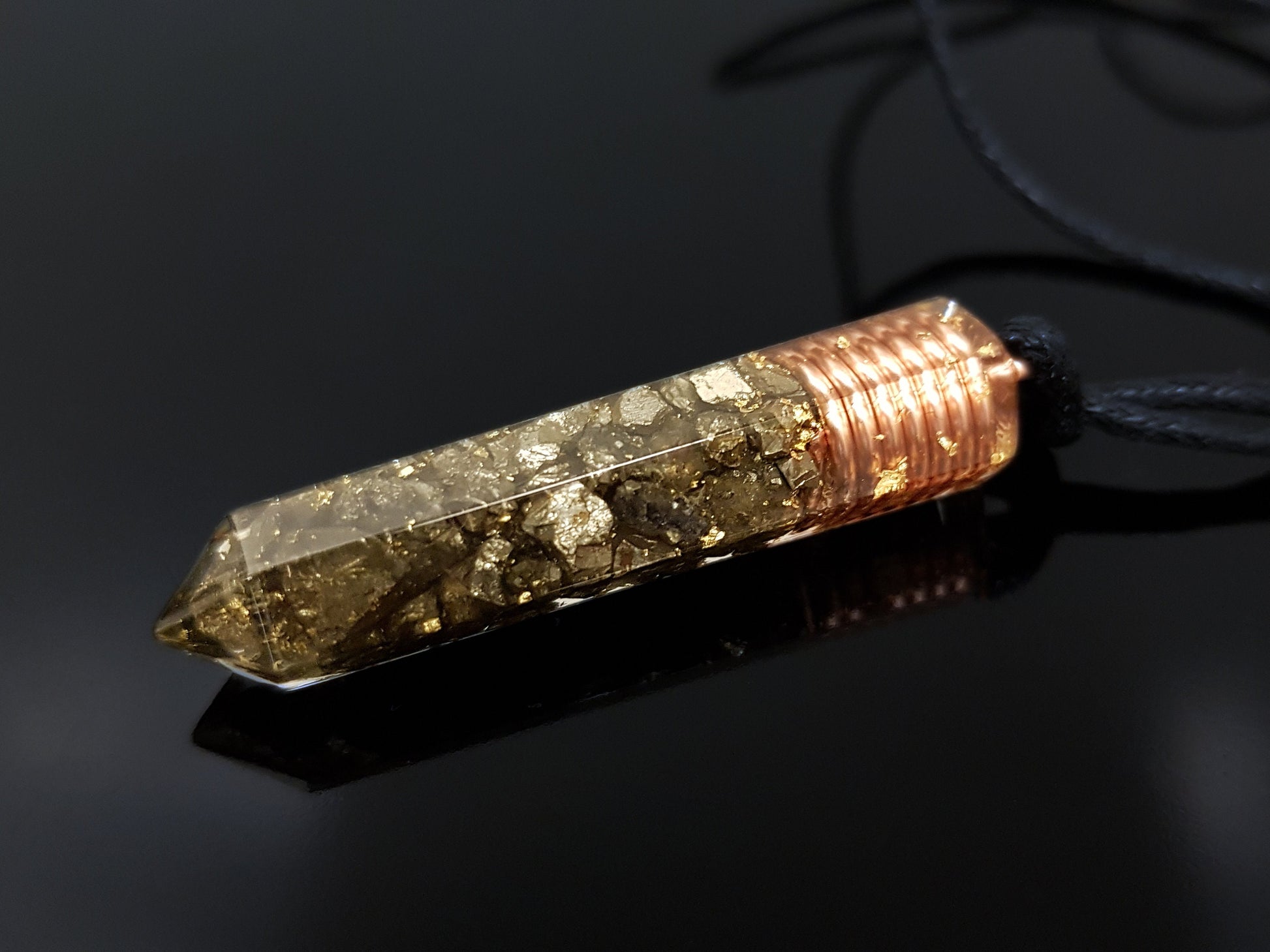 Orgonite orgone pendant with pyrite, Powerful Reiki infused healing amulet with 24k gold and copper, chakra healing