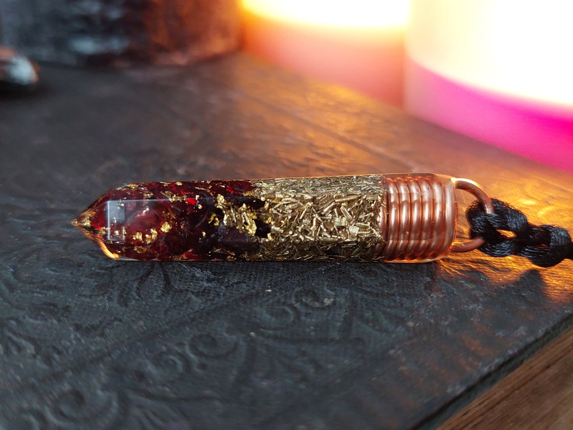 Orgonite orgone pendant, Garnet, 24k gold, copper, brass. Wealth, Money, luck, Love. Reiki infused wealth talisman amulet