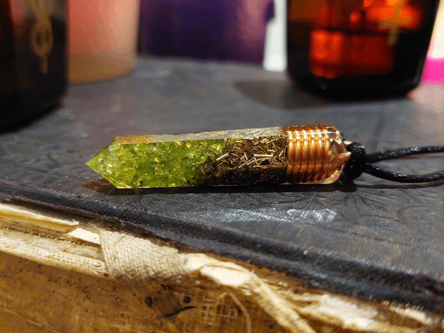 Orgonite orgone pendant, Peridot, 24k gold, copper, brass. Wealth, Money, luck, Love, Reiki infused, enchanted amulet