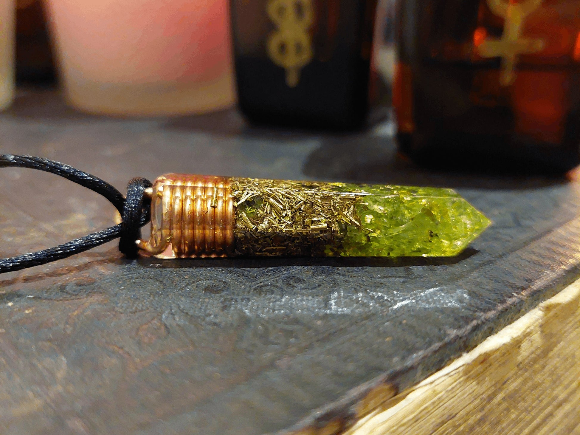 Orgonite orgone pendant, Peridot, 24k gold, copper, brass. Wealth, Money, luck, Love, Reiki infused, enchanted amulet