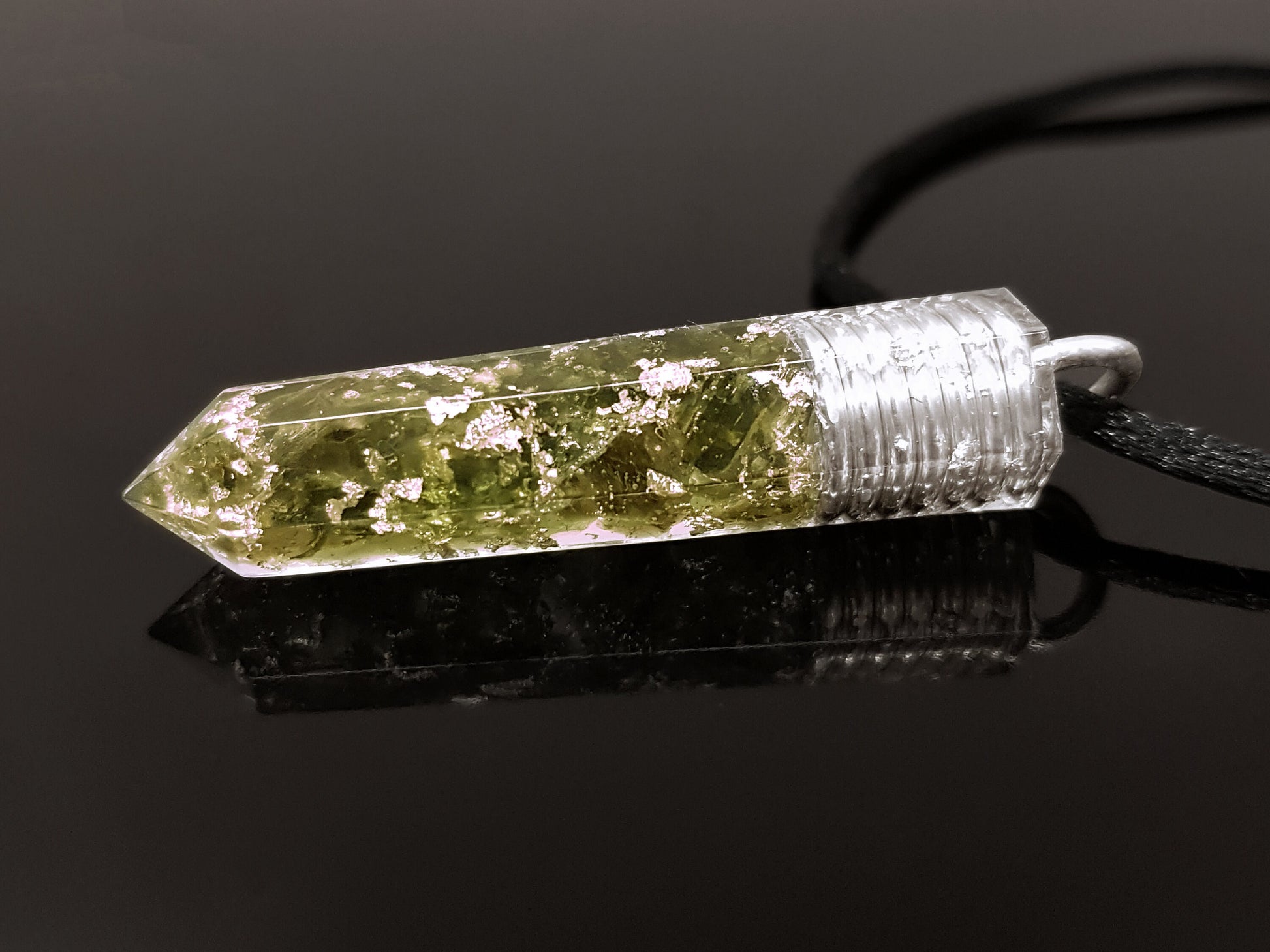 Orgonite pendant, Czech Moldavite silver orgone necklace, Reiki amulet, chakra healing, third eye opening, powerful