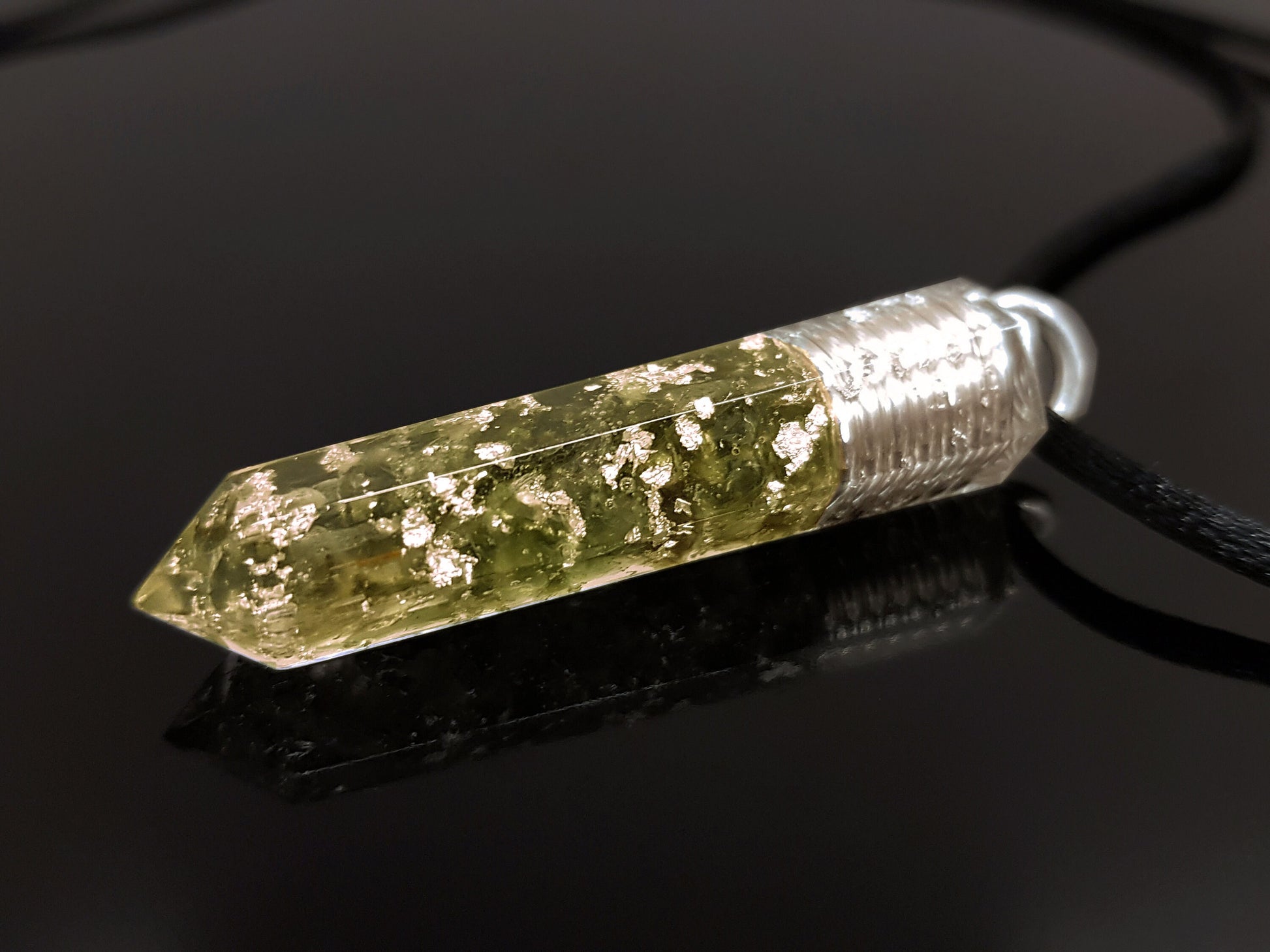 Orgonite pendant, Czech Moldavite silver orgone necklace, Reiki amulet, chakra healing, third eye opening, powerful