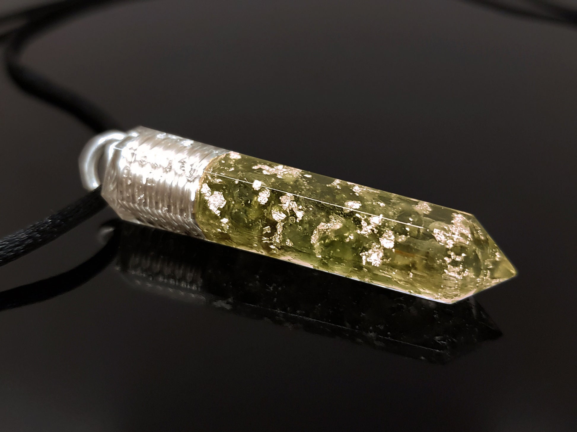 Orgonite pendant, Czech Moldavite silver orgone necklace, Reiki amulet, chakra healing, third eye opening, powerful